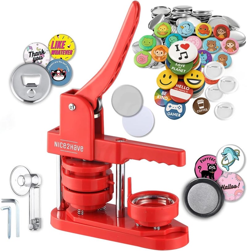 nice2have Button Maker Machine – 2.25 Inch (58mm) – Single Mold, Pin Maker Machine Kit with 100 Buttons, 5 Fridge Magnets, 5 Bottle Openers, Cutters, and 500+ Button Designs for DIY Crafts, Red - Image 1